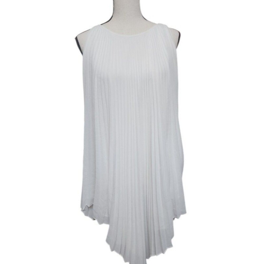 Sophie Max Pleated Sleeveless Blouse Asymmetrical Lined Size Large White Flowy